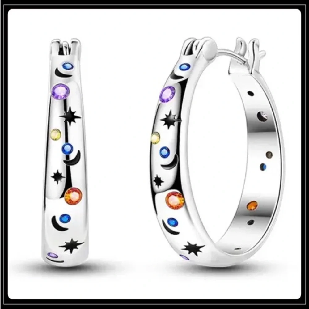 Clearance! NEW 925 SILVER MOON & STARS CELESTIAL CRYSTAL HOOP EARRINGS